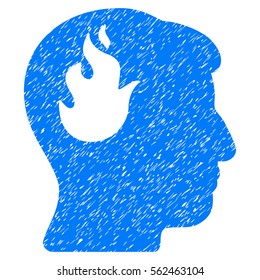 Brain Fire grainy textured icon for overlay watermark stamps. Flat symbol with scratched texture. Dotted vector blue ink rubber seal stamp with grunge design on a white background.