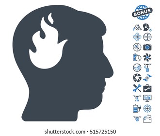 Brain Fire icon with bonus drone tools graphic icons. Vector illustration style is flat iconic symbols on white background.