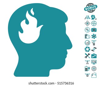Brain Fire icon with bonus flying drone tools pictograms. Vector illustration style is flat iconic symbols on white background.
