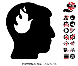 Brain Fire icon with bonus settings graphic icons. Vector illustration style is flat iconic intensive red and black symbols on white background.