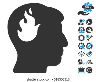 Brain Fire icon with bonus setup tools pictograms. Vector illustration style is flat iconic blue and gray symbols on white background.