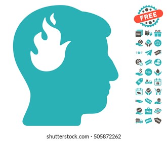 Brain Fire icon with free bonus pictograph collection. Vector illustration style is flat iconic symbols, grey and cyan colors, white background.