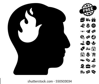 Brain Fire icon with free bonus graphic icons. Vector illustration style is flat iconic symbols, black color, white background.