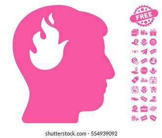 Brain Fire icon with free bonus pictures. Vector illustration style is flat iconic symbols, pink color, white background.