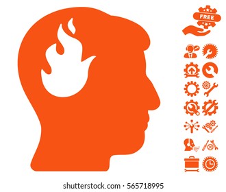 Brain Fire pictograph with bonus service images. Vector illustration style is flat iconic orange symbols on white background.