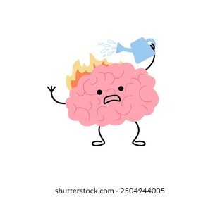 Brain with fire, self help extinguish fire with water using watering can, cute character. Intense brain activity from overwork, tension, multitasking. Salvation and care. Vector illustration