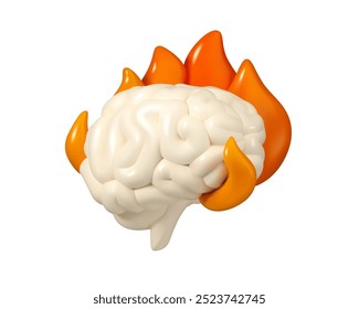 Cerebro en el Vector de fuego icono de emoji 3d. Ilustración de dibujos animados de estrés o concepto de agotamiento, aislado sobre fondo blanco. Enfermedad mental, migraña o dolor de cabeza idea