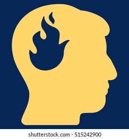 Brain Fire vector pictogram. Style is flat graphic symbol, yellow color, blue background.
