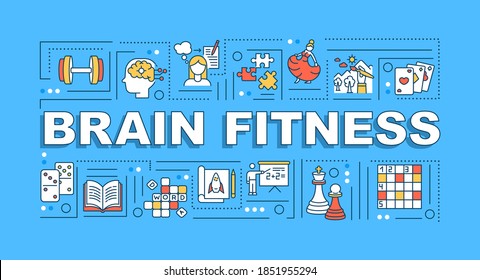 Brain fitness word concepts banner. Mental training and memory improvement techniques. Infographics with linear icons on blue background. Isolated typography. Vector outline RGB color illustration