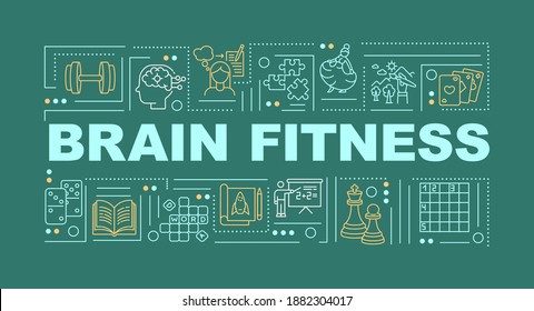 Brain fitness word concepts banner. Techniques to keep your brain young. Infographics with linear icons on blue background. Isolated typography. Vector outline RGB color illustration