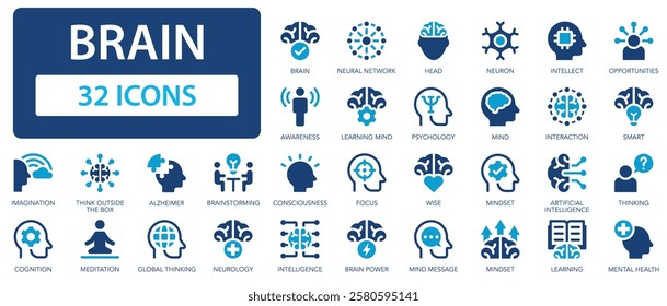 Brain flat icons collection. Head, brainstorming, neuron, awareness, focus, wise, mind, mindset, meditation, alzheimer, neurology sign set.