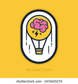 Brain flies inside hot air balloon. Brainstorm vector icon. Creative concept.