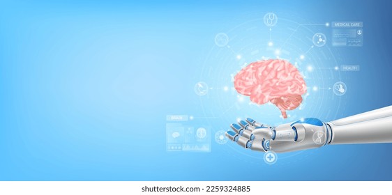 Brain float away from in robot hand. Futuristic medical cybernetic robotics technology. Innovation artificial intelligence robot assist care health. With copy space for text. Realistic 3D Vector.