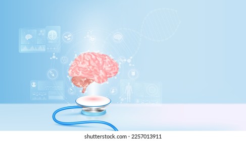 El cerebro flota lejos del estetoscopio. Iconos médicos Imagen de holograma virtual en la computadora de pantalla. El médico diagnostica el registro de datos digitales. Innovación en tecnología médica electrónica. 3 quinquies vectores.