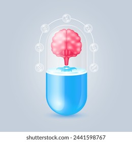 Cerebro flotando en símbolos cruzados médicos en cápsula azul transparente píldora. Los iconos de médico, jeringa, escudo y estetoscopio son la periferia. Protección de órganos médicos y atención de la salud. Vector.