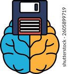 A brain with a floppy disk on top of it. The brain is split into two halves, one blue and one orange. The disk is a floppy disc, which is a type of floppy disc that is used for storing data