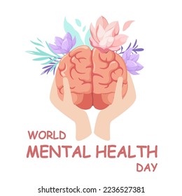 Un cerebro con flores en las manos humanas. Salud mental.
