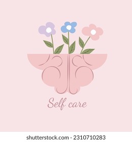 Brain with flowers and leaves. Healthy blooming human internal organ. Vector illustration