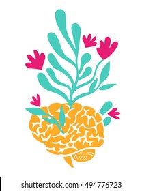 Brain with flowers vector