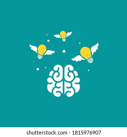 brain  with flying bulbs flat icon. Isolated on blue. New idea, inspiration concept. smart, clever, creative symbol. Vector illustration.  Knowledge, solution, innovation sign.