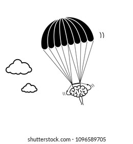 Brain flying on parachute. Vector concept illustration of inventive and creative mind | flat design linear infographic icon black on white background