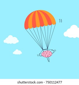 Brain flying on parachute. Vector concept illustration of inventive and creative mind | flat design linear infographic icon on blue background