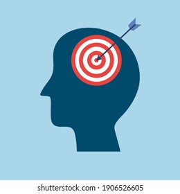 Enfoque cerebral y enfoque mental o ilustración vectorial del concepto de concentración. Silueta de cabeza humana con signo de objetivo en diseño plano. Objetivo y planificación de la vida.
