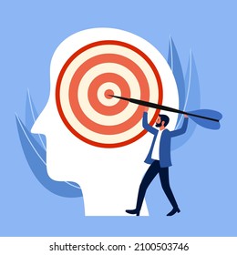 Brain focus and mind focus or concentration concept vector illustration. Silhouette of human head with target sign in flat design. Life goal and planning.