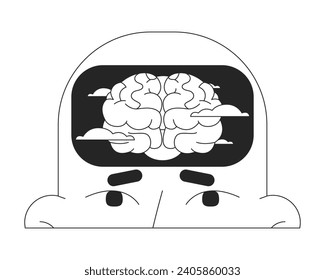 Brain fog black and white 2D illustration concept. Fatigue mental clouds cartoon outline character head isolated on white. Burnout syndrome. Seasonal affective disorder metaphor monochrome vector art