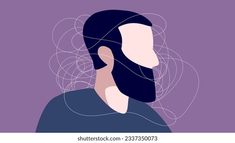 Brain fog man - Mental health vector illustration of person suffering from burnout and depression. Flat design vector illustration
