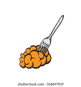Brain food pierced on fork. Delicacy for zombies