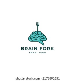 Brain With Fork Combination, Creative Idea Food Cafe Restaurant Logo Icon Sign Symbol Design Concept. Vector Illustration