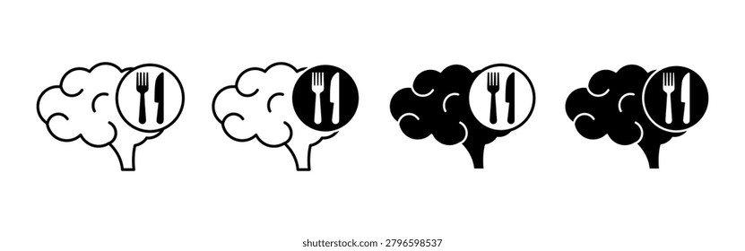 Brain with fork and spoon symbol representing nutrition, healthy eating, lifestyle balance, wellness awareness, dietary habits and mindful consumption concepts.