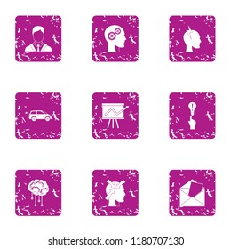 Brain function icons set. Grunge set of 9 brain function vector icons for web isolated on white background
