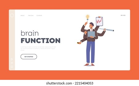 Brain Function Landing Page Template. Businessman With Many Arms Holding Office Supplies and Doing Many Tasks At The Same Time. Multitasking, Productivity Concept. Cartoon People Vector Illustration