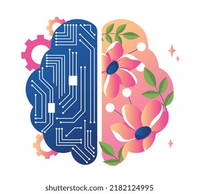 Brain functions concept. Creative and logical thinking, balance. Flowers and schemes. Two ways to solve problems, brain activity and mindfulness. Left and right side. Cartoon flat vector illustration