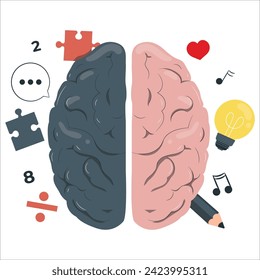 Brain functions concept infographic symbolic depiction with left side logic science mathematics right arts creativity vector illustration. Brain left analytical and right creative hemispheres. 