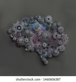 Brain functions illustrated by realistic abstract gears anf cogs plus chain on neon and dark background.