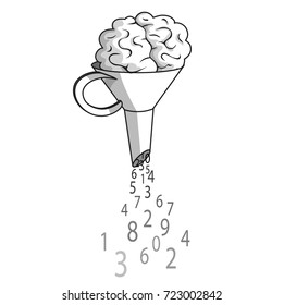 The brain in the funnel turns into numbers. Vector illustration.