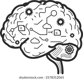 Brain of the future with algorithms and symbols. Human brain with neural networks and algorithms, black line icon.