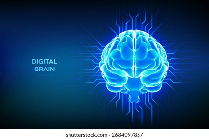 Cerebro. Cerebro digital futurista con circuitos eléctricos y conexiones de red neuronal. Concepto de inteligencia artificial, aprendizaje automático, ciencia de datos, tecnología de innovación. Ilustración vectorial