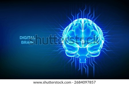 Brain. Futuristic digital brain with electric circuits and neural network connections. Concept of artificial intelligence, machine learning, data science, innovation technology. Vector illustration