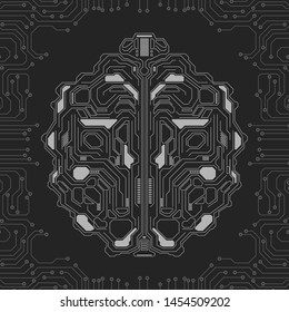 Brain Futuristic Element Circuit Board With Encoder And Decoder Binary Code Vector Background. Virtual Grayscale Abstract AI Brainstorm  Digital Data Security Technology Illustration.