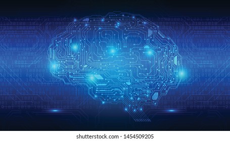 Brain Futuristic Element Circuit Board With Encoder And Decoder Binary Code Vector Background. Virtual Blue Abstract AI Brainstorm  Digital Data Security Technology Illustration.