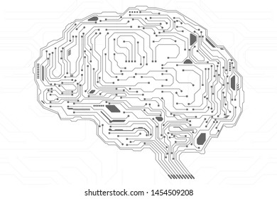 Brain Futuristic Element Circuit Board With Encoder And Decoder Binary Code Vector Background. Virtual Grayscale Abstract AI Brainstorm  Digital Data Security Technology Illustration.