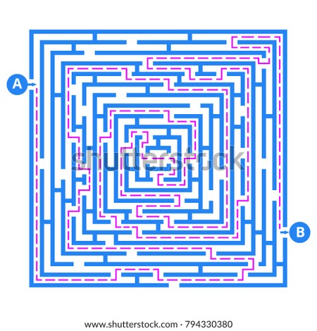 Brain game labyrinth. Vector maze with entry, exit and right way to go. Labyrinth puzzle game, direction to finish illustration