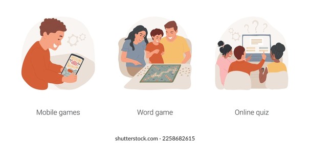 Brain games isolated cartoon vector illustration set. Mobile brain training apps, parents and kids playing word game, group of people solve online quiz together, leisure activity vector cartoon.