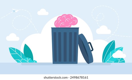 The brain is in the garbage can. Mind in the dustbin. Brain power, idea, knowledge. Delete, throw away, forget, erase. Business concept. Vector illustration