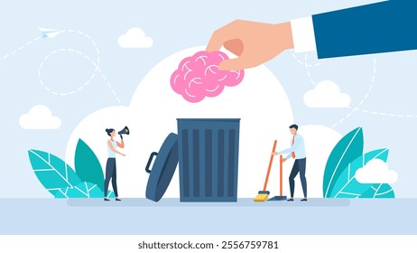 The brain is in the garbage can. Mind in the dustbin. Brainwashing and internet propaganda. Brain power, idea, knowledge. Delete, throw away, forget, erase. Business concept. Vector illustration