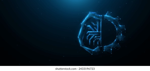 Brain and gear cog icon with lines and triangles, point connecting network on blue background. Illustration vector